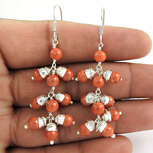 Natural Coral Gemstone 925 Silver Dangle Vintage Earrings For Women Y19