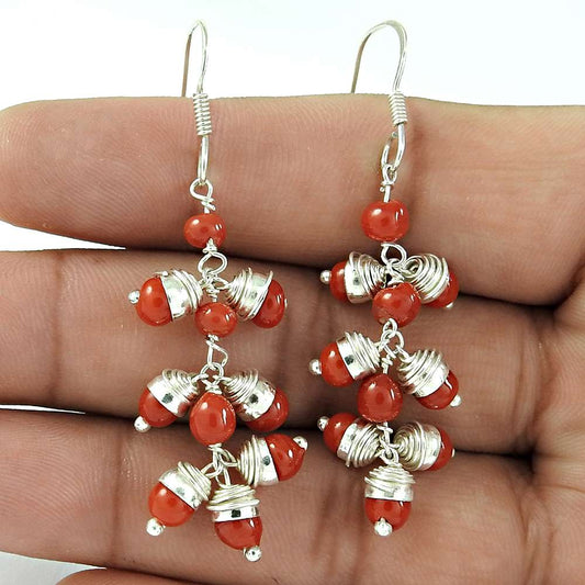Gift For Her 925 Silver Natural Coral Gemstone Dangle Vintage Earrings W21