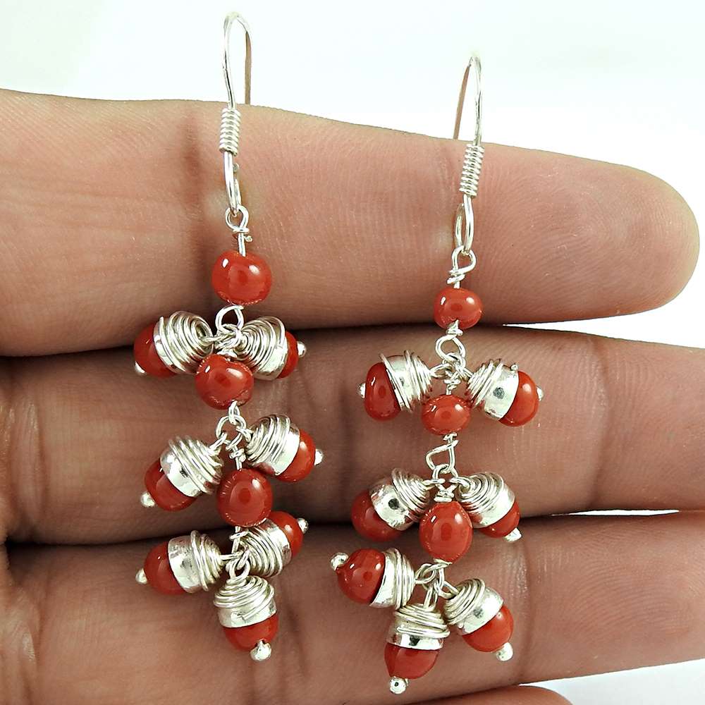 Gift For Her Natural Coral Dangle Bohemian Earrings 925 Silver X21