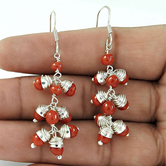 Natural Coral Gemstone Dangle Ethnic Earrings 925 Silver For Women B13