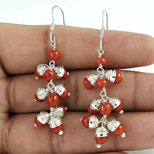 Birthday Gift For Her Natural Coral Dangle Vintage Earrings 925 Silver K22
