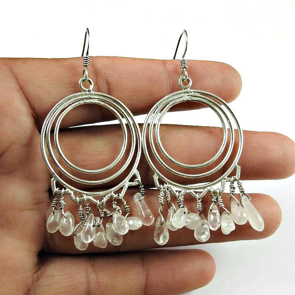 Gift For Her 925 Silver Natural Rose Quartz Dangle Vintage Earrings Q2