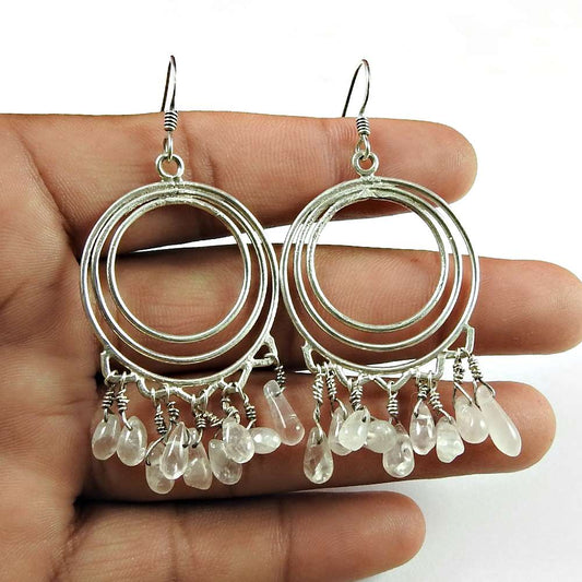 Gift For Her 925 Silver Natural Rose Quartz Dangle Vintage Earrings Q2