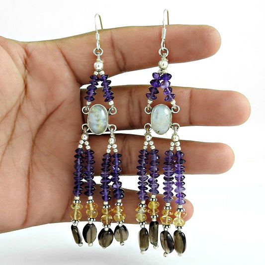 Natural Rainbow Moonstone Dangle Bohemian Earrings 925 Silver For Women S22