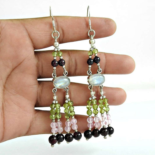 Natural Rainbow Moonstone Dangle Vintage Earrings 925 Silver For Girls T22