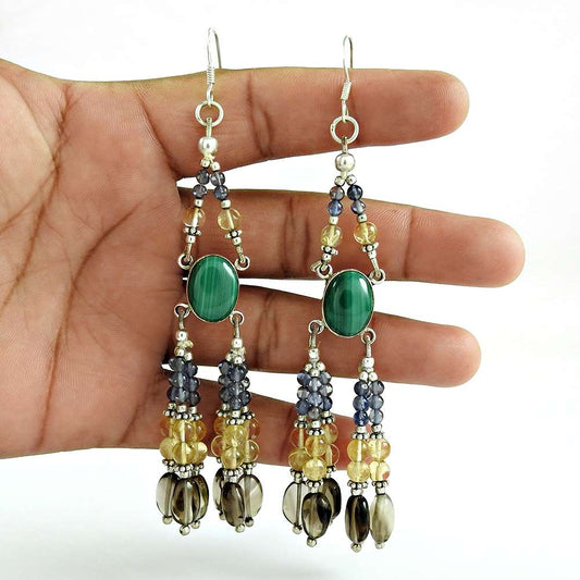 Natural Malachite Gemstone Dangle Ethnic Green Earrings 925 Silver U22