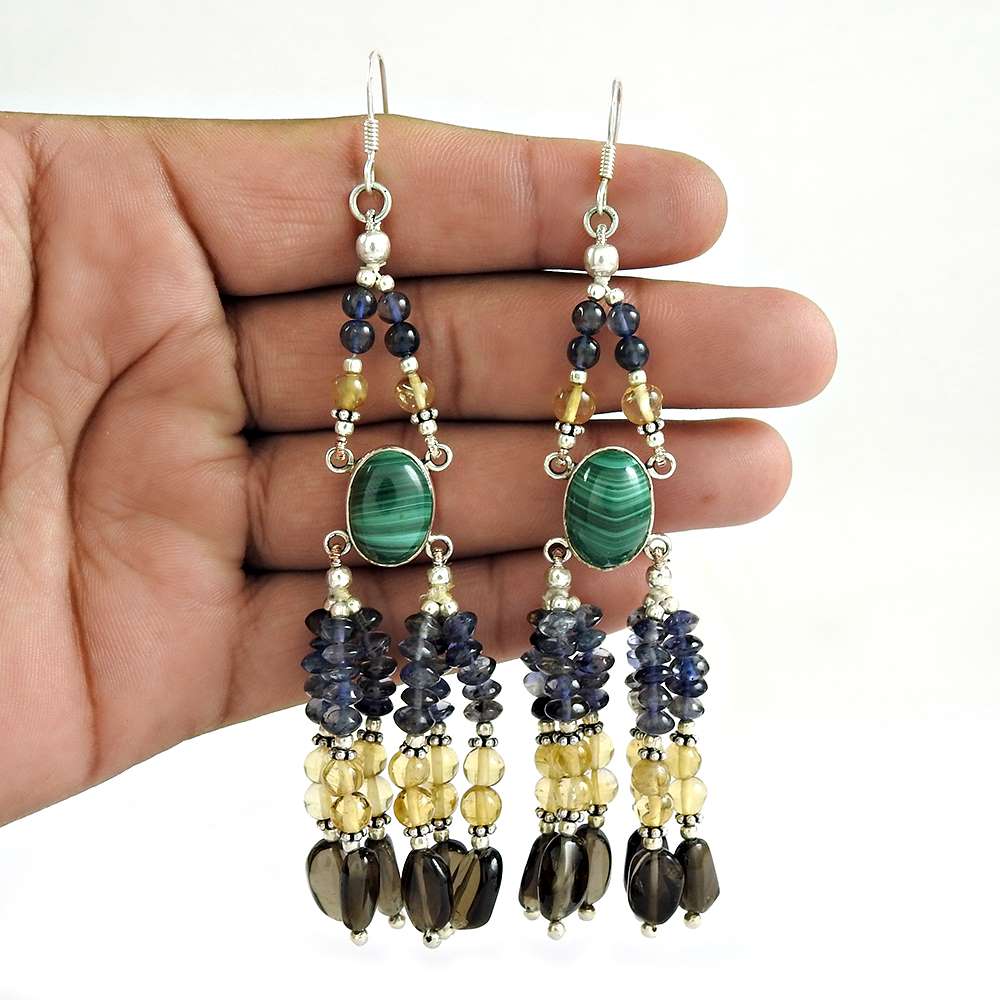 Woman Gift Earrings 925 Silver Natural Malachite Gemstone E2