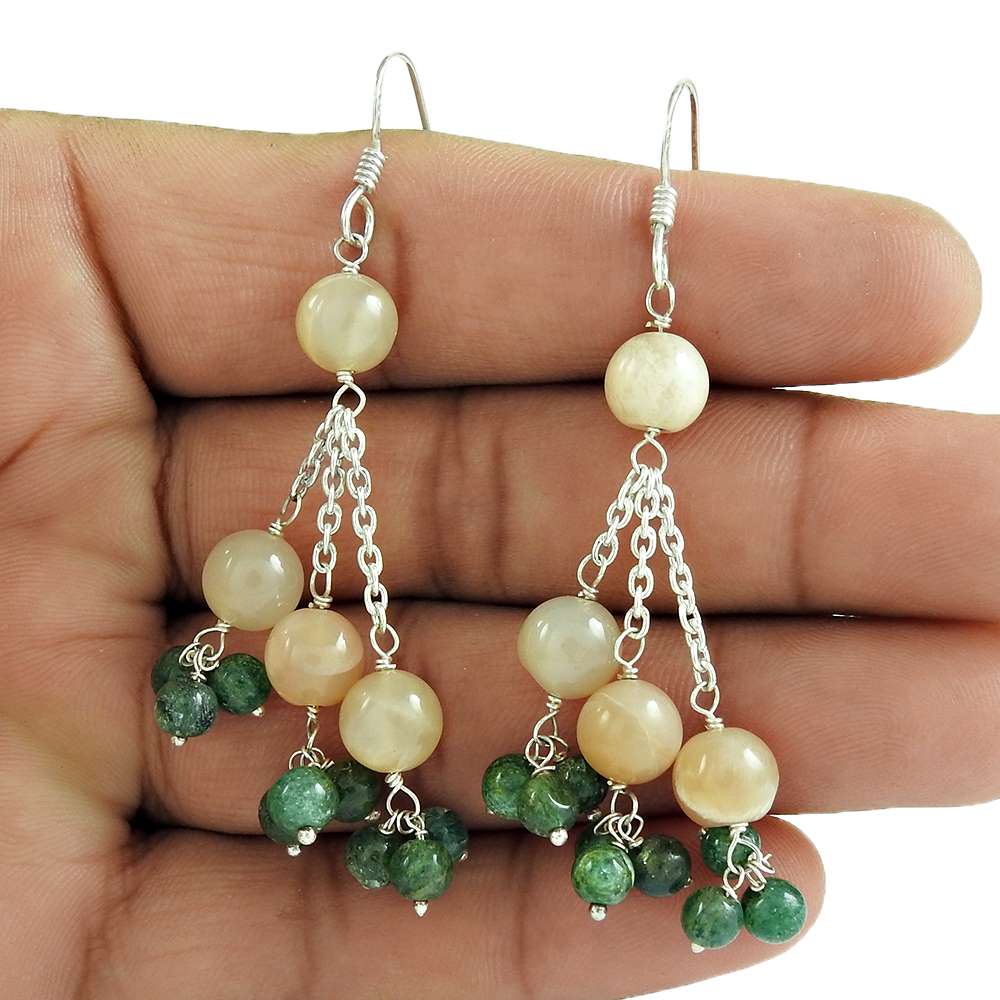 Natural Aventurine Gemstone Dangle Bohemian Green Earrings 925 Silver D23