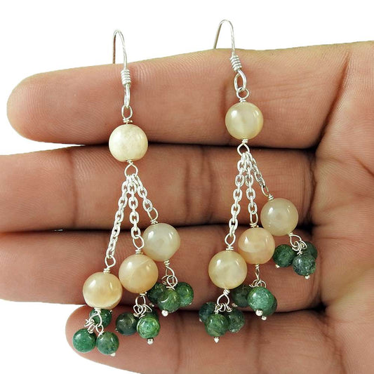 Natural Aventurine Gemstone 925 Silver Dangle Ethnic Earrings For Girls F23