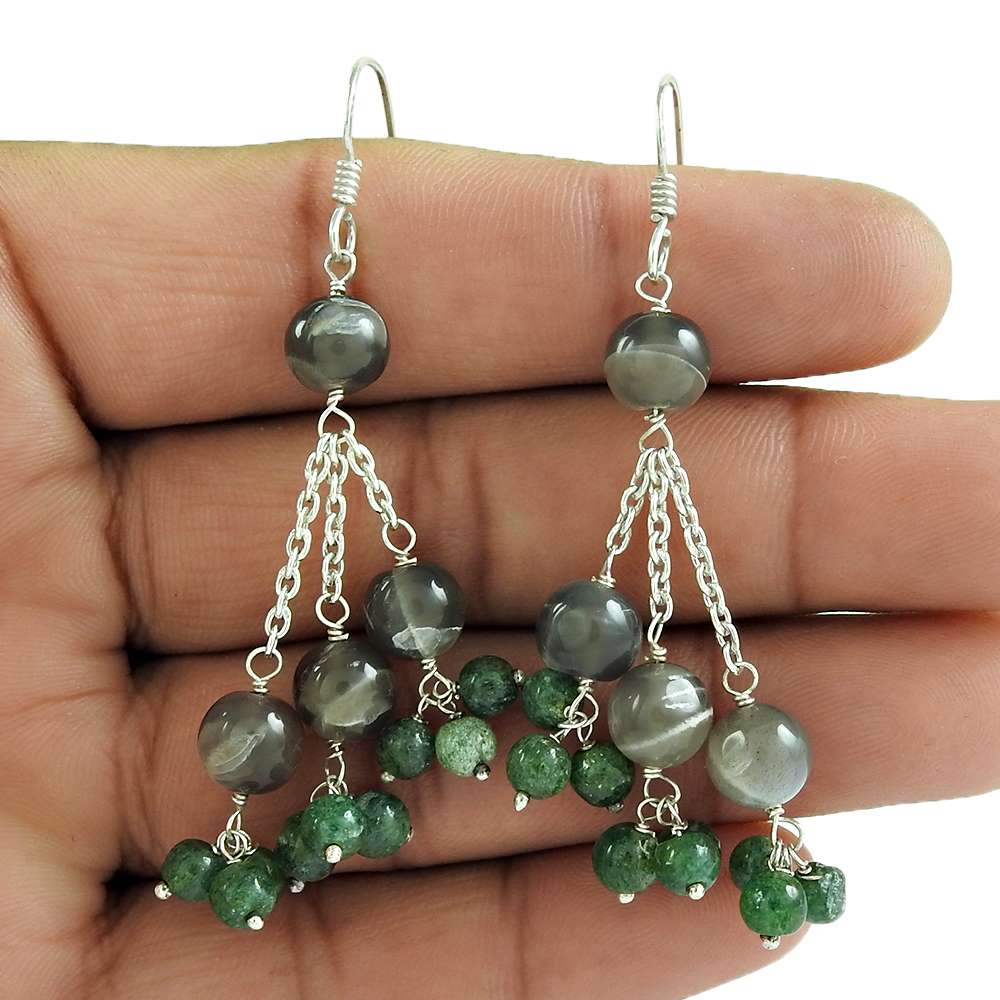 Natural Aventurine Gemstone Dangle Boho Earrings 925 Sterling Silver H23