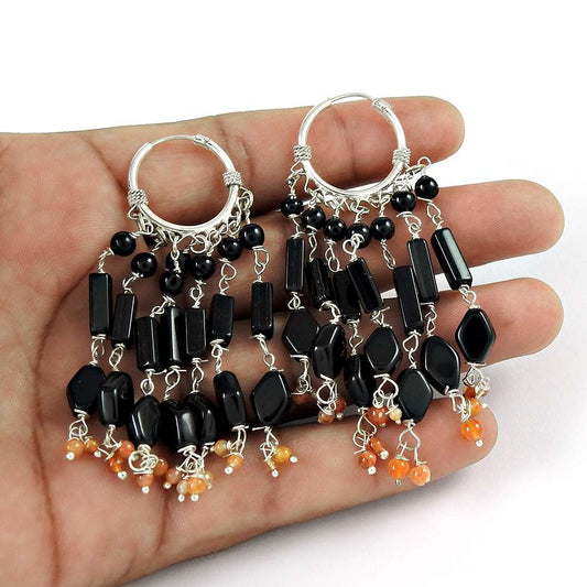 Maya Freedom 925 Sterling Silver Black Onyx Carnelian Earrings Manufacturer India