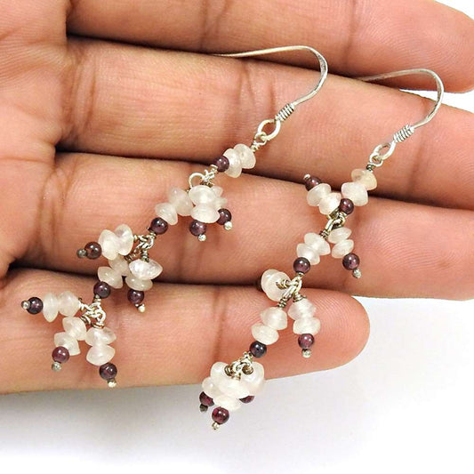 Gift For Her Natural Rose Quartz Dangle Beaded Earrings 925 Silver A26