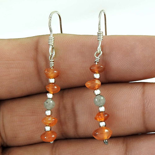 Gift For Her 925 Silver Natural Carnelian Dangle Vintage Earrings O26