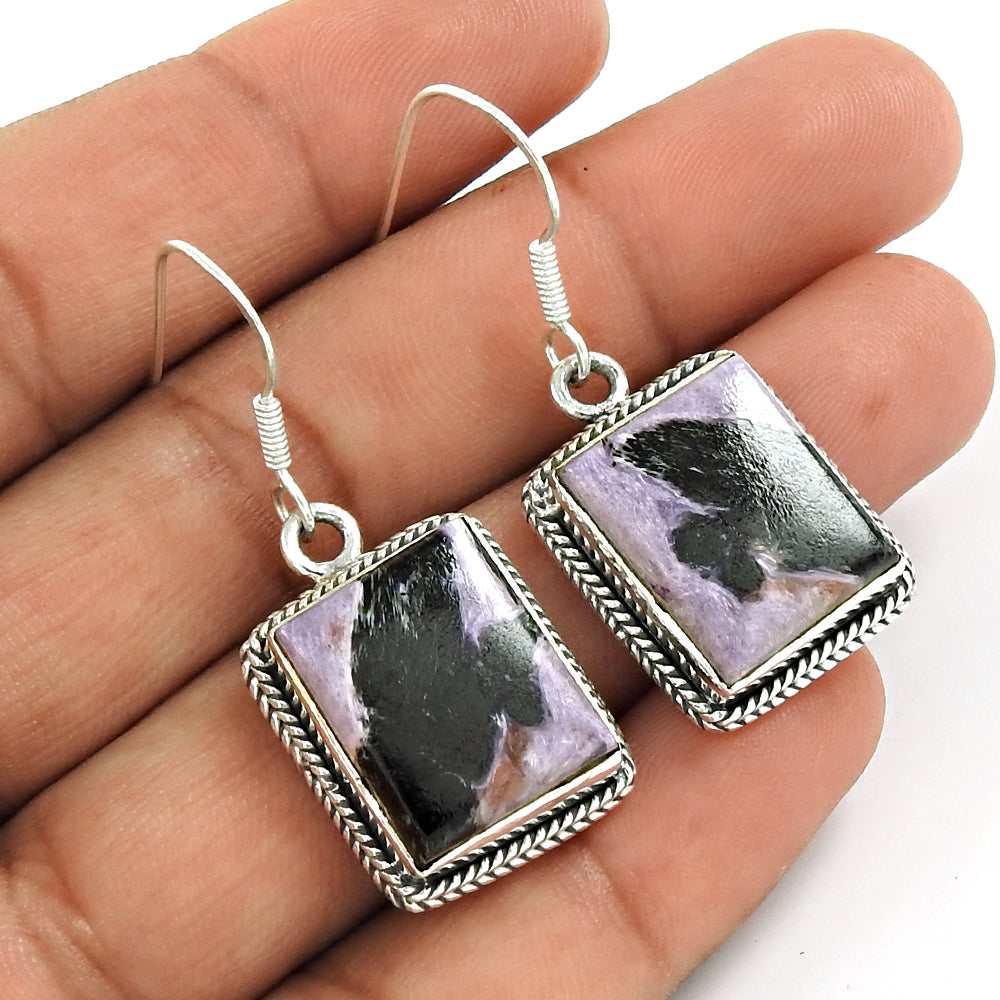 Christmas Gift 925 Sterling Silver Natural Charoite Gemstone Earrings C3