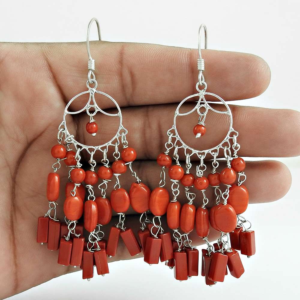 Birthday Gift For Her Natural Coral Dangle Ethnic Earrings 925 Silver Q2