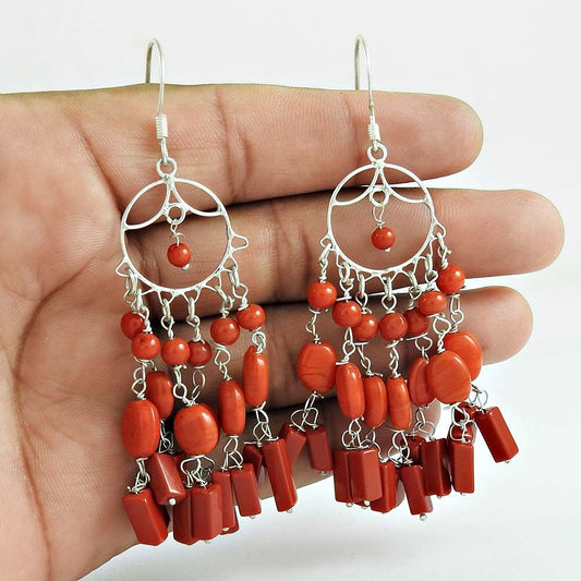 Wedding Gift For Her 925 Silver Natural Coral Dangle Tribal Earrings R26