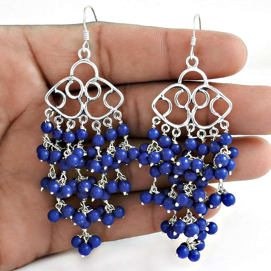 Gift For Her 925 Silver Natural Lapis Lazuli Dangle Beaded Earrings U26