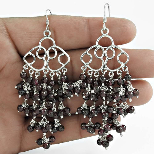 Natural Garnet Gemstone 925 Sterling Silver Dangle Earrings For Women B3