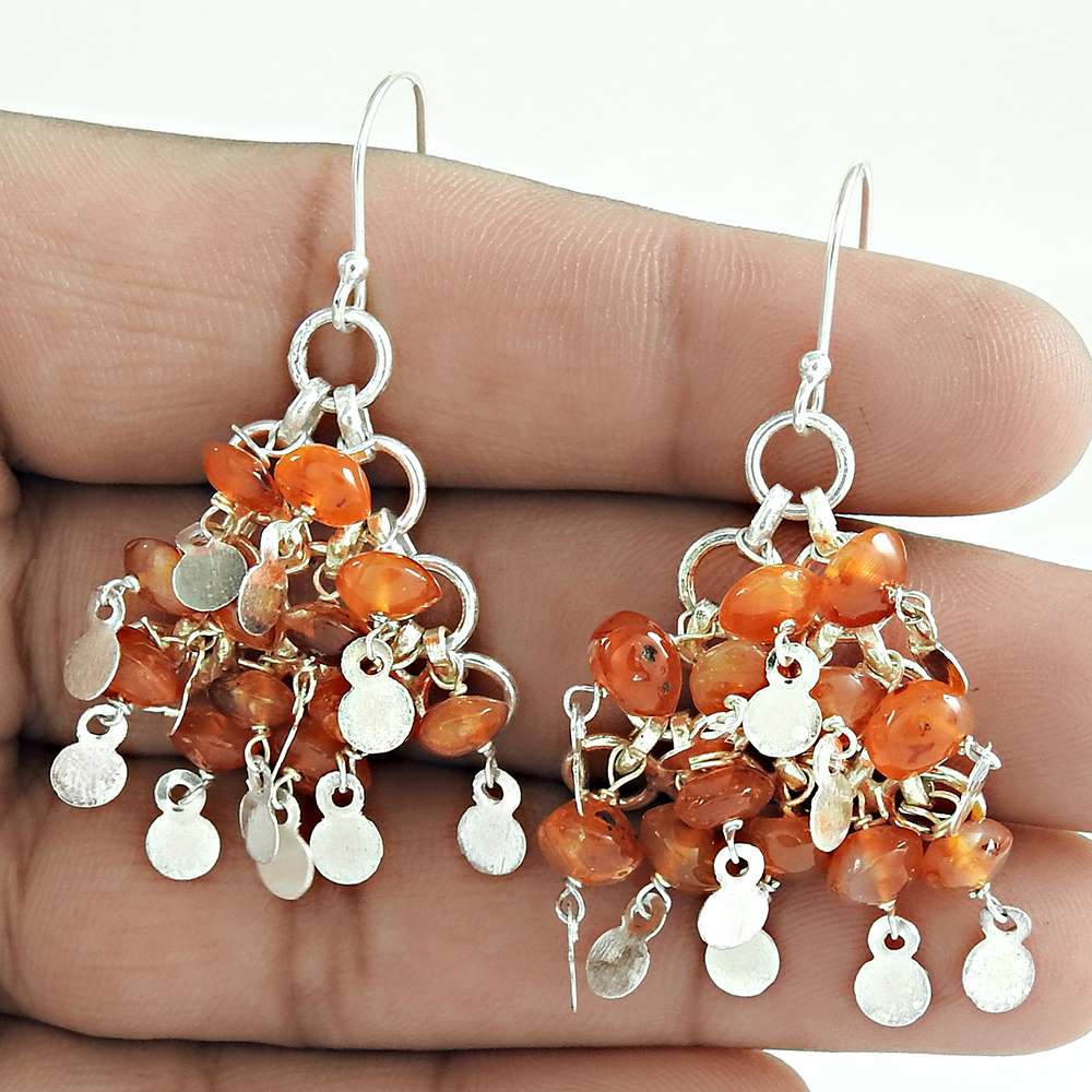 Woman Gift 925 Silver Natural Carnelian Gemstone Dangle Earrings C3