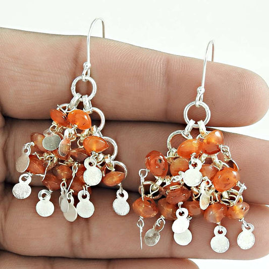 Woman Gift 925 Silver Natural Carnelian Gemstone Dangle Earrings C3