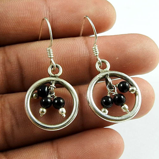 Personable Black Onyx Gemstone Beaded 925 Sterling Silver Earrings Jewellery