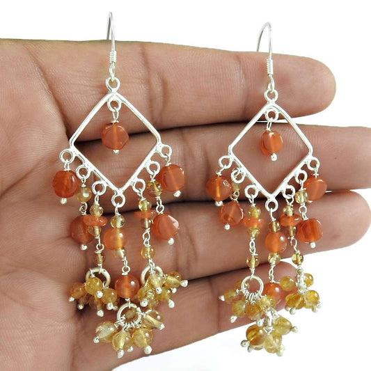 Natural Carnelian Gemstone 925 Silver Dangle Vintage Earrings For Girls F27