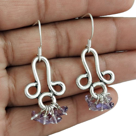 Natural Amethyst Gemstone Boho Earrings 925 Silver F3