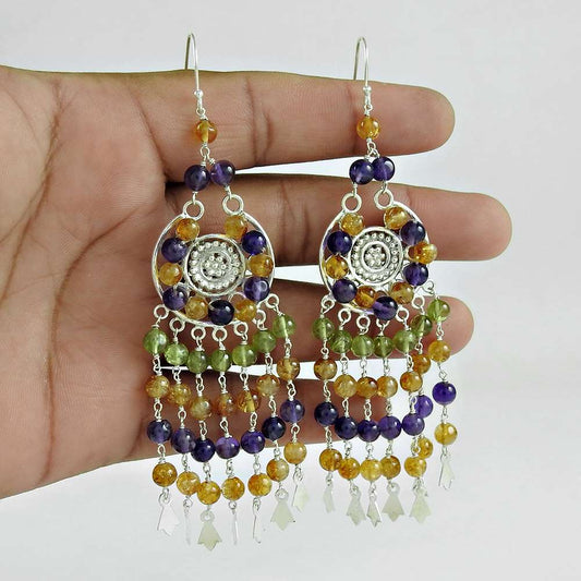 Gift For Women Dangle Vintage Earrings 925 Silver Natural Amethyst M27