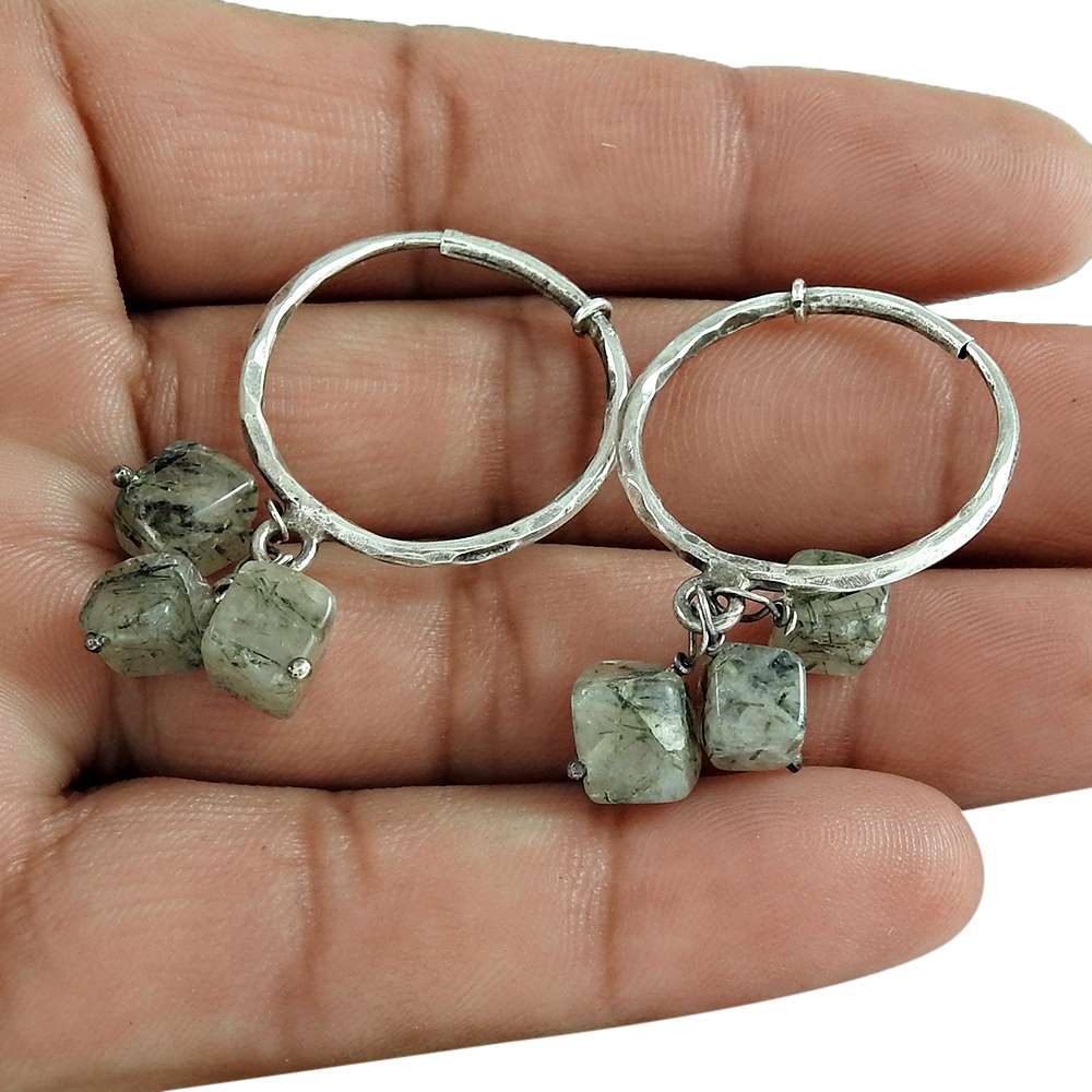 Natural Black Rutile Gemstone Hoop Gray Earrings 925 Sterling Silver Jewelry S28