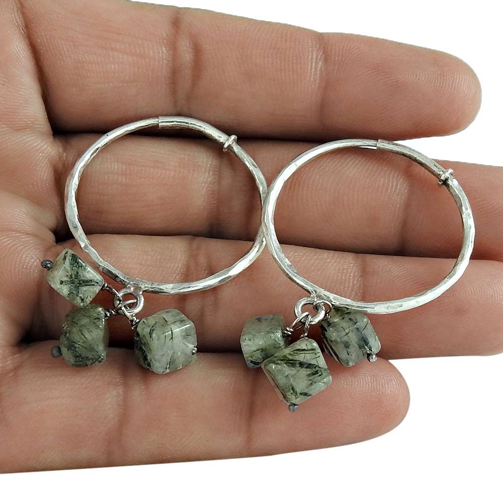 Gift For Her 925 Sterling Silver Natural Black Rutile Gemstone Hoop Earrings T28