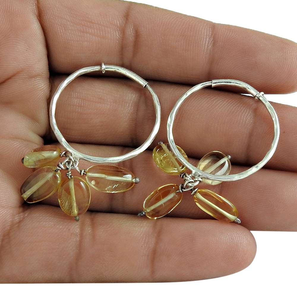 Woman Gift Natural Citrine Gemstone Hoop Earrings 925 Silver J3