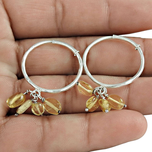 Natural Citrine Gemstone Hoop Earrings 925 Sterling Silver Indian Jewelry V28