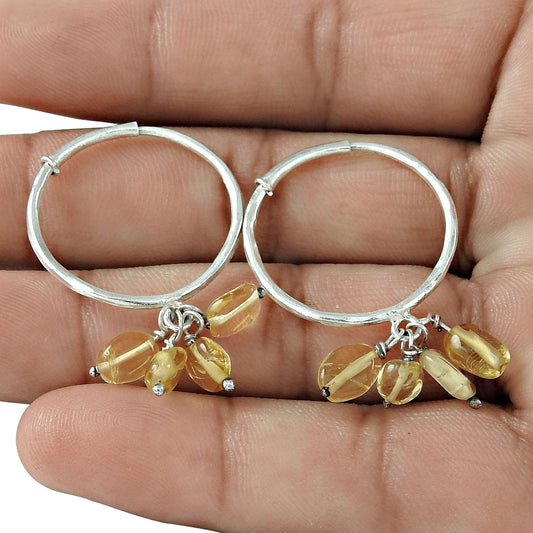Natural Citrine Gemstone Jewelry 925 Sterling Silver Hoop Earrings For Girls W28