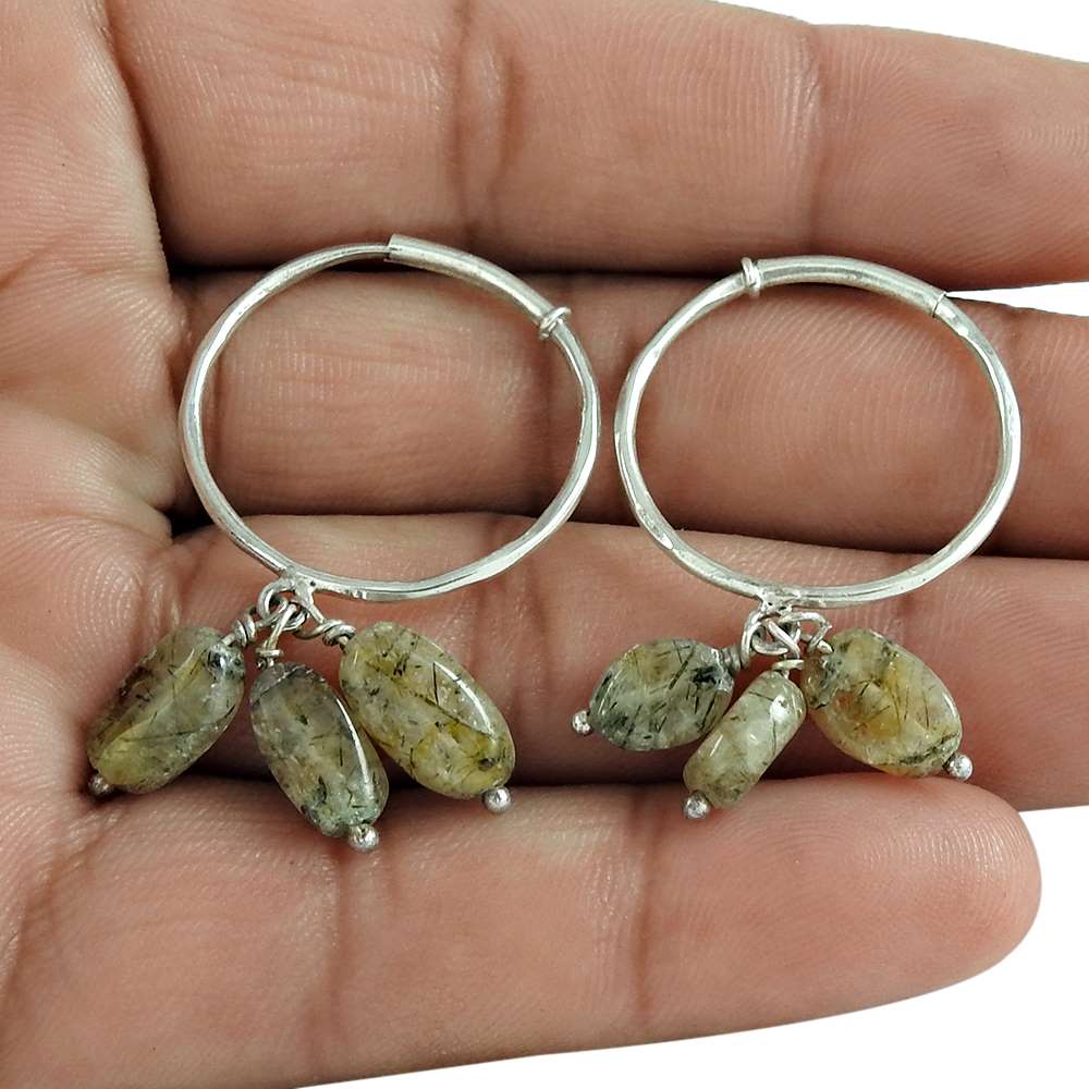 Gift For Women Hoop Earrings 925 Silver Natural Rutilated Quartz Gemstone X28