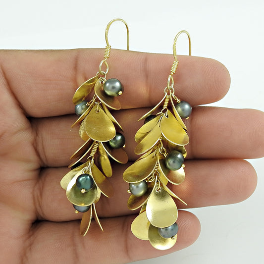 Christmas Gift 925 Sterling Silver Natural Pearl Gold Plated Earrings I1