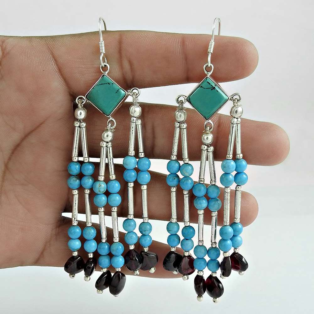 Natural Turquoise Gemstone Dangle Bohemian Earrings 925 Sterling Silver N2