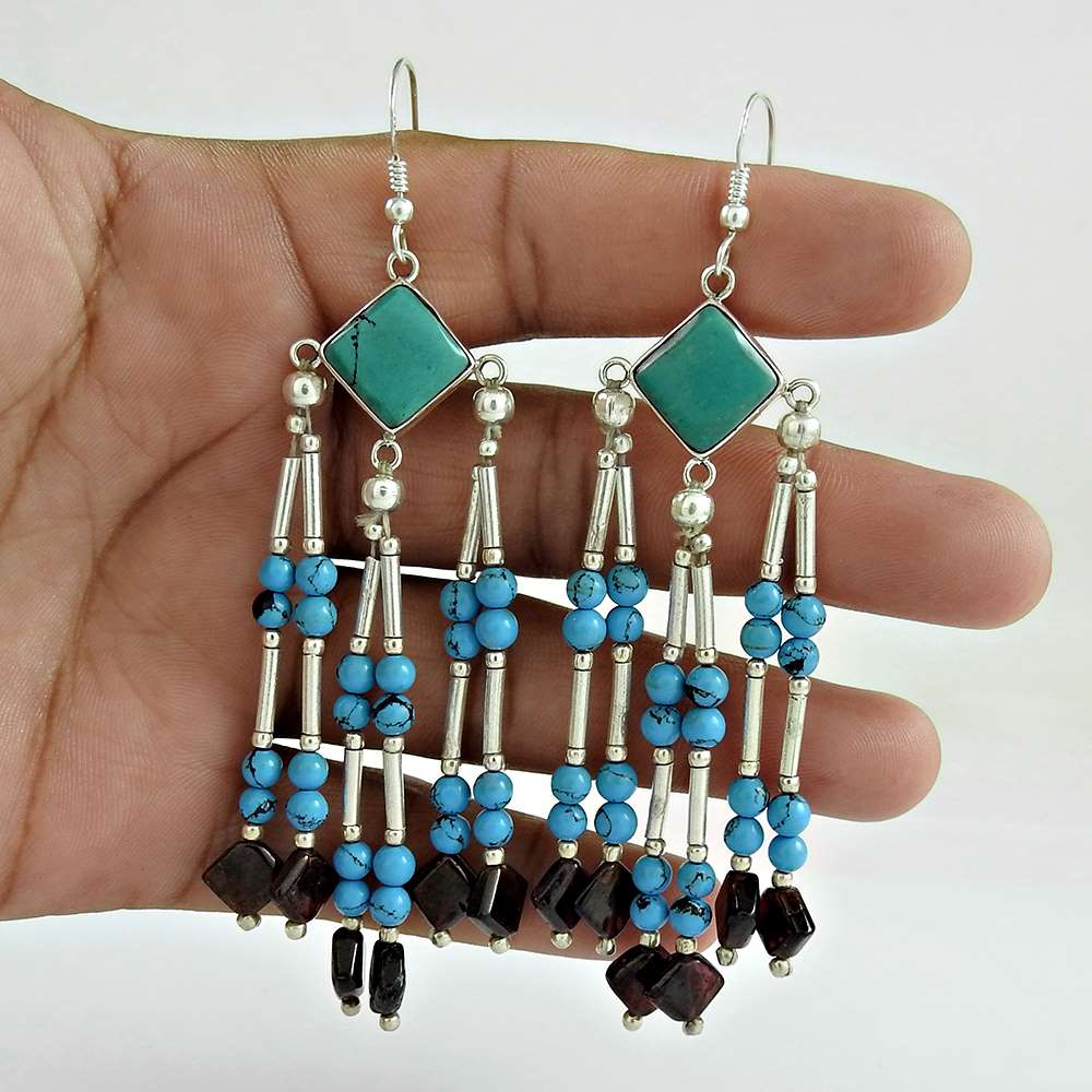 Gift For Women Dangle Tribal Earrings 925 Silver Natural Turquoise N29