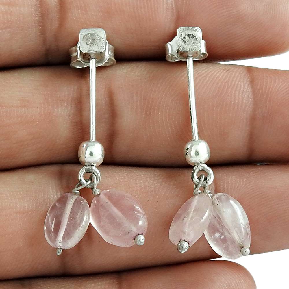 Gift For Women Dangle Ethnic Earrings 925 Silver Natural Rose Quartz V29