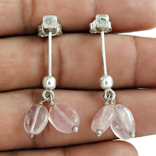 Gift For Women Dangle Ethnic Earrings 925 Silver Natural Rose Quartz V29