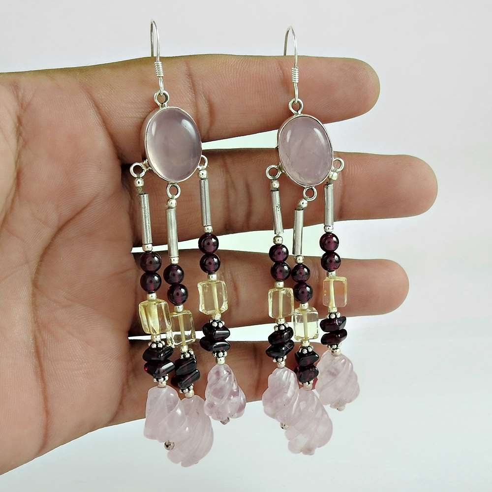Natural Garnet Gemstone Dangle Ethnic Earrings 925 Silver For Girls Z29
