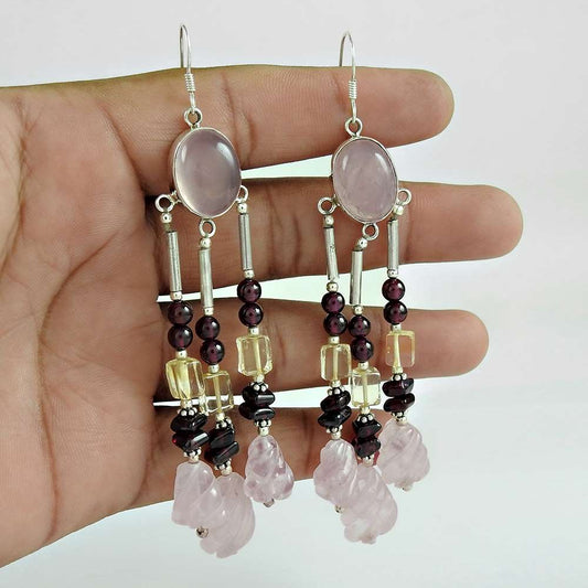 Natural Garnet Gemstone Dangle Ethnic Earrings 925 Silver For Girls Z29