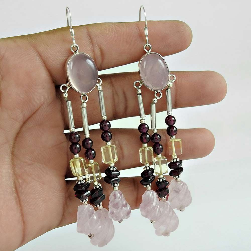 Birthday Gift For Her Natural Garnet Dangle Tribal Earrings 925 Silver A30