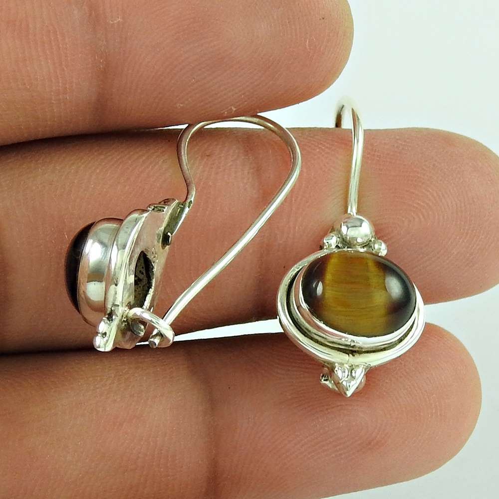 Gift For Her 925 Silver Natural Tiger'S Eye Dangle Bohemian Earrings B32