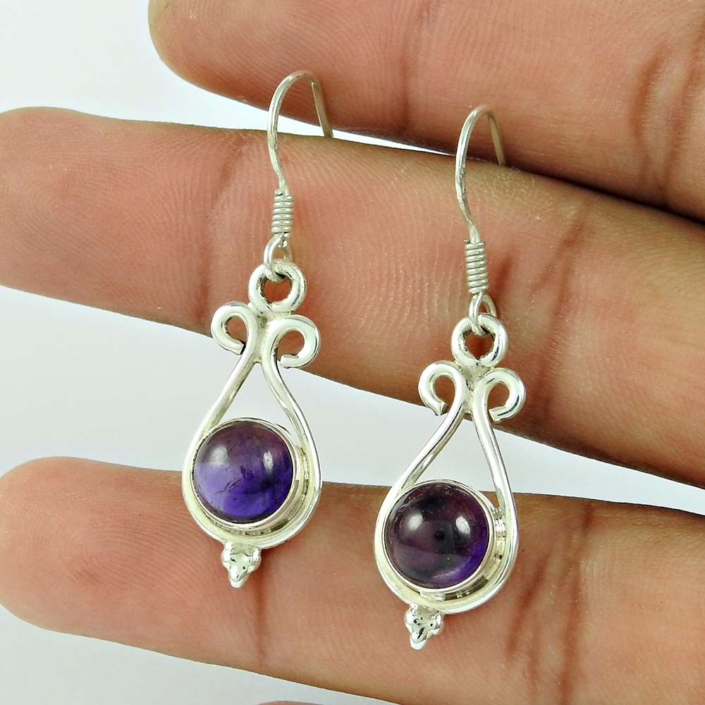Natural Amethyst Gemstone Dangle Tribal Earrings 925 Silver For Women I30