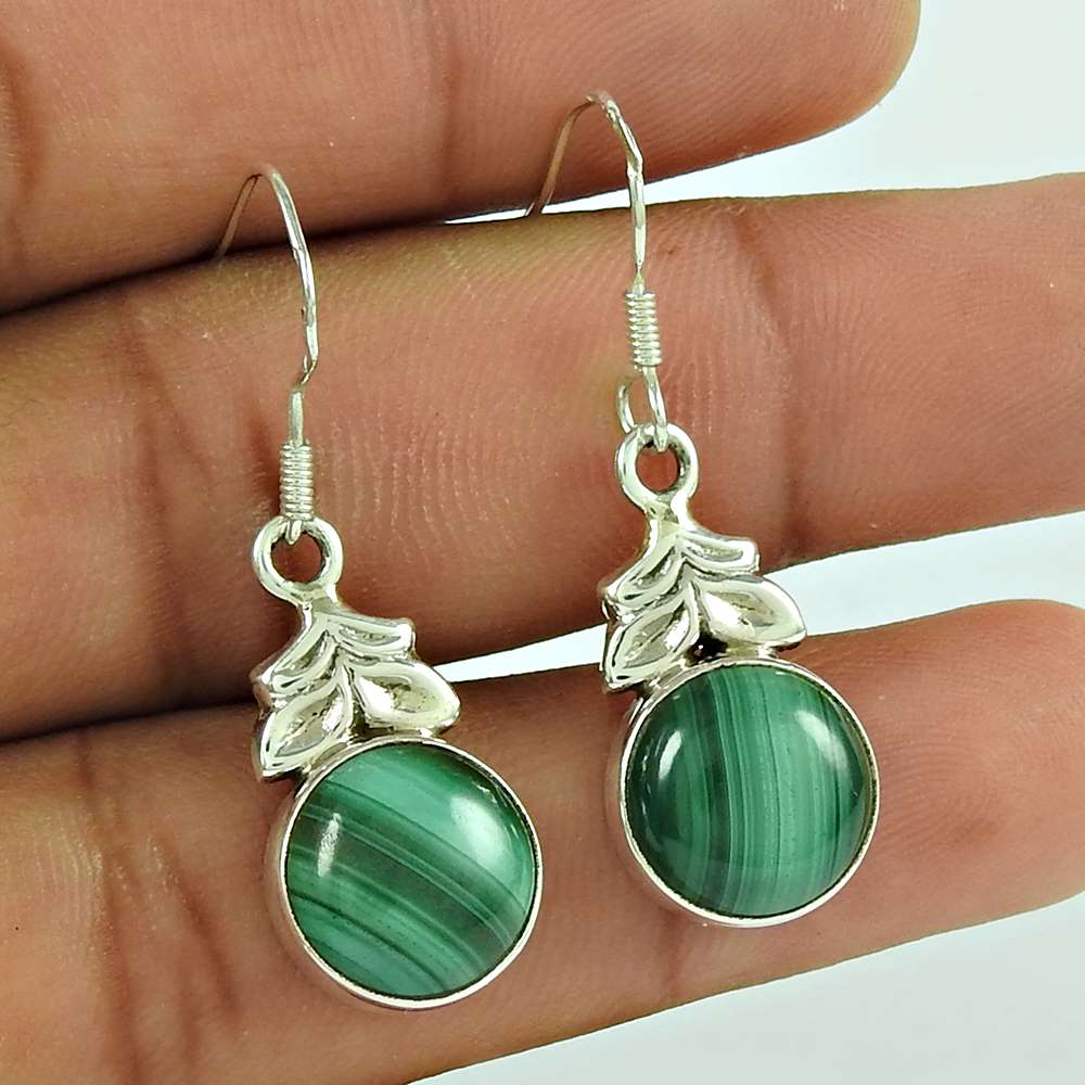 Natural Malachite Gemstone 925 Silver Dangle Vintage Earrings For Women U30