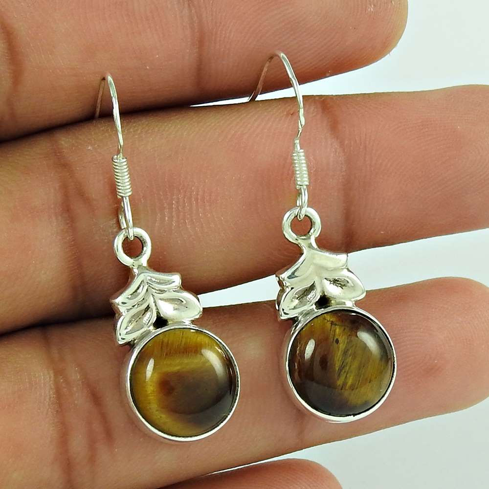 Woman Gift Natural Tiger'S Eye Gemstone 925 Sterling Silver Earrings S3