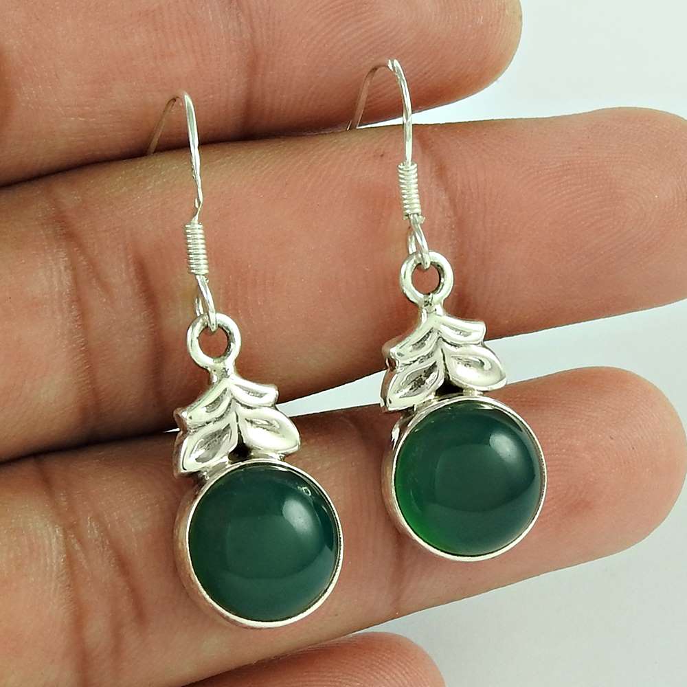 Natural Green Onyx Gemstone Dangle Tribal Earrings 925 Sterling Silver X30