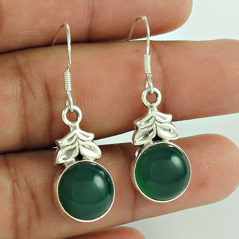 Natural Onyx Gemstone Dangle Tribal Green Earrings 925 Sterling Silver Y30