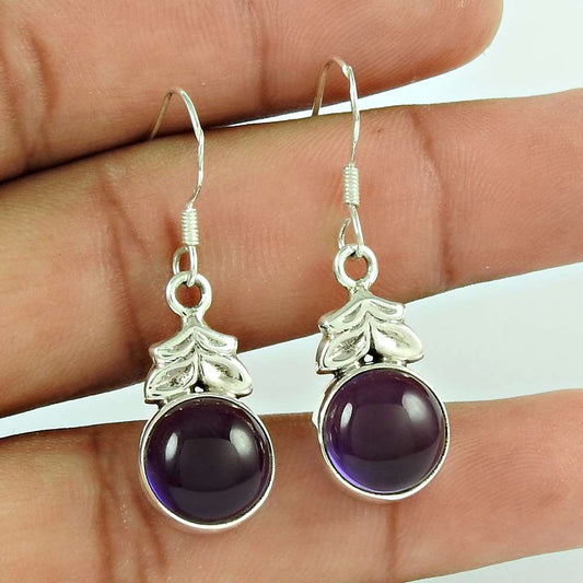 Natural Amethyst Gemstone Dangle Vintage Purple Earrings 925 Silver A31