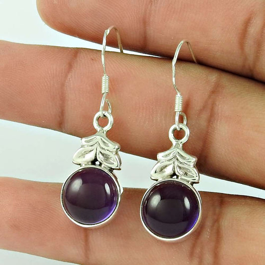 Natural Amethyst Gemstone Dangle Tribal Earrings 925 Sterling Silver D31